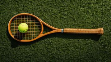 ai gegenereerd een houten tennis racket en bal geplaatst Aan een gras tennis rechtbank, uitgevoerd in een minimalistische stijl, vastleggen de essence van de sport met eenvoud en elegantie. foto