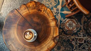 ai gegenereerd prachtig solide hout koffie tafel net zo de focaal punt, versierd met een stomen kop van zwart koffie, tegen de backdrop van een prachtig versierd cafe. foto