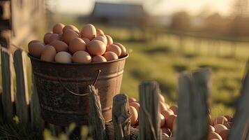 ai gegenereerd een stevig emmer boordevol met vers verzameld eieren, genesteld naast de piket hek van een rustiek kip hok, belichamend de charme van land leven. foto