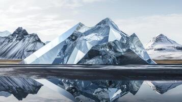 ai gegenereerd een berg landschap bewerkte geheel van spiegels in een realistisch fotograaf, reflecterend de omgeving milieu en creëren een betoverend optisch illusie. foto