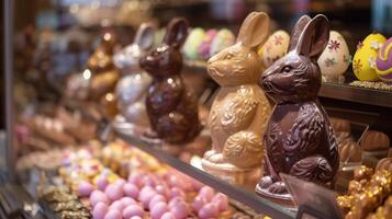 ai gegenereerd een ambachtelijk chocola winkel versierd met levendig wordt weergegeven van ingewikkeld bewerkte chocola sculpturen en verrukkelijk traktaties, uitnodigend bezoekers naar genieten in de zoetheid van de seizoen. foto