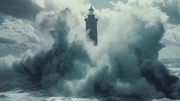 ai gegenereerd een offshore vuurtoren staand hoog temidden van crashen golven, haar stevig structuur verwering de elementen terwijl leidend schepen veilig door verraderlijk wateren. foto