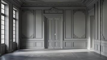 ai gegenereerd een grijs interieur versierd met ingewikkeld lijstwerk, uitstralend een aura van klassiek elegantie en verfijning. foto