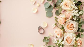 ai gegenereerd een bruids bloem arrangement met rozen in een verscheidenheid van pastel kleuren, prachtig geregeld in een top visie, vlak leggen samenstelling, perfect voor inspirerend bruiden naar zijn. naadloos patroon. foto