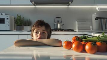 ai gegenereerd een mokkend kind gezeten in voorkant van een bord van groenten Aan een modern keuken tafel, afbeelden de uitdagingen van etenstijd worstelt en gezond aan het eten gewoonten in een hedendaags instelling. foto