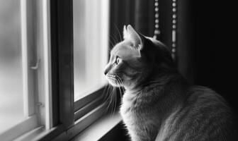 ai gegenereerd portret van een kat Aan de venster. zwart en wit foto. foto