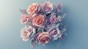 ai gegenereerd een bruids bloem arrangement met rozen in een verscheidenheid van pastel kleuren, prachtig geregeld in een top visie, vlak leggen samenstelling, perfect voor inspirerend bruiden naar zijn. foto