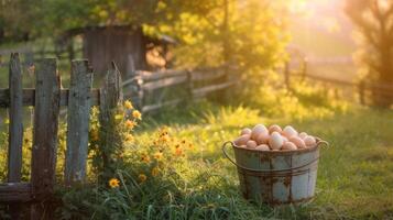 ai gegenereerd een stevig emmer boordevol met vers verzameld eieren, genesteld naast de piket hek van een rustiek kip hok, belichamend de charme van land leven. foto