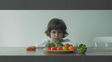 ai gegenereerd een mokkend kind gezeten in voorkant van een bord van groenten Aan een modern keuken tafel, afbeelden de uitdagingen van etenstijd worstelt en gezond aan het eten gewoonten in een hedendaags instelling. foto