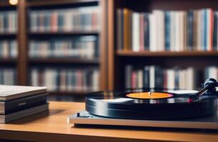 ai gegenereerd wereld muziek- dag, wereld rock'n'roll dag, oud vinyl verslagen, retro vinyl Vermelding speler Aan de tafel, stack van boeken, huis bibliotheek Aan een wazig achtergrond, schappen van boeken foto