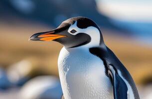 ai gegenereerd wereld pinguïn dag, volwassen pinguïn, detailopname, koninkrijk van ijs en sneeuw, ver noorden, besneeuwd kust, ijsberg in de oceaan, ijzig zonnig dag foto