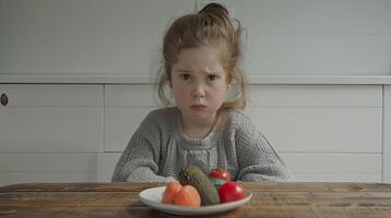 ai gegenereerd een mokkend kind gezeten in voorkant van een bord van groenten Aan een modern keuken tafel, afbeelden de uitdagingen van etenstijd worstelt en gezond aan het eten gewoonten in een hedendaags instelling. foto