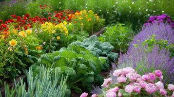 ai gegenereerd een tuin versierd met verheven bedden, waar weelderig groen gedijt naast kleurrijk bloei van een roos tuin en de rustgevend aroma van lavendel, creëren een pittoreske oase van schoonheid. foto