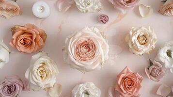 ai gegenereerd een bruids bloem arrangement met rozen in een verscheidenheid van pastel kleuren, prachtig geregeld in een top visie, vlak leggen samenstelling, perfect voor inspirerend bruiden naar zijn. naadloos patroon. foto