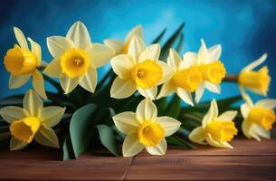 ai gegenereerd st. davids dag, Internationale vrouwen dag, moeders dag, voorjaar bloemen, boeket van geel narcissen, blauw achtergrond, houten tafel foto