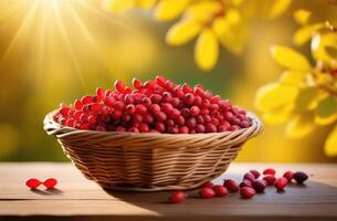 ai gegenereerd rieten mand met berberis bessen Aan een houten tafel, rijp berberis bessen, tegen de achtergrond van een Afdeling van een berberis struik, boomgaard, zonnig dag foto