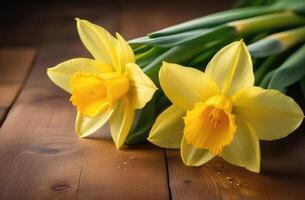 ai gegenereerd Internationale vrouwen dag, moeders dag, st. davids dag, boeket van geel narcissen, voorjaar bloemen, houten tafel foto