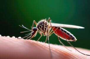 ai gegenereerd wereld mug dag, wereld malaria dag, mug detailopname, mug beet, besmettelijk mug parasiet, geel koorts, leishmaniasis, mug Aan menselijk huid foto