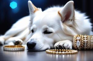ai gegenereerd sieraden salon, goud en zilver sieraden met kostbaar stenen, sieraden reclame, huisdieren in reclame, slapen huiselijk wit hond, reclame luxe neiging foto