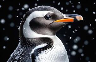 ai gegenereerd wereld pinguïn dag, volwassen pinguïn, detailopname, sneeuw en sneeuwvlokken, zwart achtergrond foto