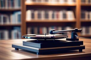 ai gegenereerd wereld muziek- dag, wereld rock'n'roll dag, oud vinyl verslagen, retro vinyl Vermelding speler Aan de tafel, huis bibliotheek Aan een wazig achtergrond, boekenkasten foto