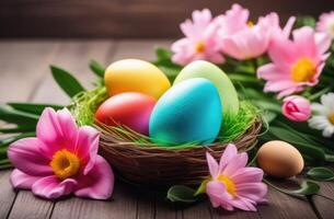 ai gegenereerd Pasen, kleurrijk geschilderd eieren versierd met ornamenten en patronen, Purper voorjaar bloemen, eieren in een rieten nest, houten achtergrond foto