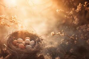 ai gegenereerd Pasen achtergrond met mand van eieren in de zonlicht foto