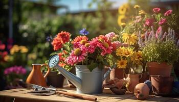 ai gegenereerd samenstelling van tuinieren gereedschap en bloemen foto