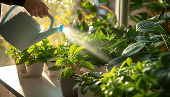 ai gegenereerd vrouw handen verstuiven gieter planten Bij huis foto