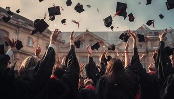 ai gegenereerd leerling in diploma uitreiking het werpen hoeden foto