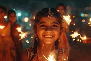 ai gegenereerd familie traditie van verlichting diyas Aan divali. detailopname van een jong meisje verlichting aarden lampen omringd door haar familie gedurende diwali feesten. foto