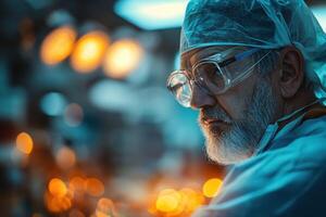 ai gegenereerd een ervaren chirurg in blauw scrubs en veiligheid bril aandachtig bereidt zich voor voor een medisch operatie in een goed uitgerust in werking kamer. dokter Mens Gezondheid in in werking kamer concept. foto