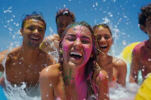 ai gegenereerd blij vrouw bespat met water Bij holi festival. jong vrouw lachend net zo water druppels plons in de omgeving van haar gedurende de levendig holi festival. foto