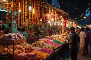 ai gegenereerd bruisend diwali markt tafereel met feestelijk decoraties. klanten bezighouden in de feestelijk geest Bij een bruisend diwali markt versierd met kleurrijk goudsbloem slingers en geassorteerd snoepgoed. foto