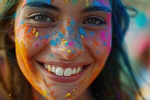 ai gegenereerd blij jong vrouw vieren holi festival. detailopname van een glimlachen jong vrouw gezicht versierd met kleurrijk holi festival poeders, uitstralend geluk. foto