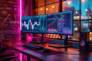 ai gegenereerd meerdere schermen computer opstelling met code en analyses. een Geavanceerd meerdere schermen computer opstelling weergeven codering software en gegevens analytics in een kamer met ambient verlichting. foto