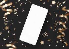 modern smartphone mockup met blanco scherm omringd door feestelijk goud confetti, perfect voor app Promotie, viering thema's. verrassing, Gefeliciteerd, vakantie. zwart achtergrond. 3d. foto