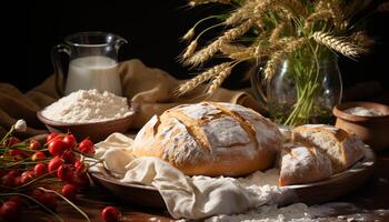 ai gegenereerd vers gebakken eigengemaakt brood Aan rustiek houten tafel, gezond en biologisch gegenereerd door ai foto