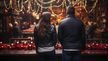 ai gegenereerd jong paar omarmen, lachend, vieren liefde onder Kerstmis lichten gegenereerd door ai foto