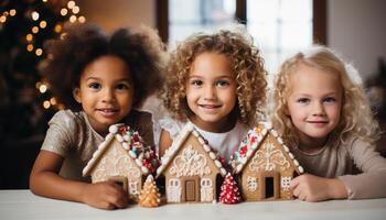 ai gegenereerd glimlachen meisjes bakken ontbijtkoek, schattig kinderen decoreren zoet Kerstmis behandelt gegenereerd door ai foto