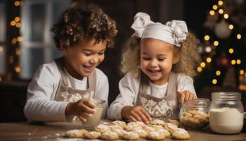 ai gegenereerd glimlachen meisjes bakken schattig peperkoek koekjes, familie pret en geluk gegenereerd door ai foto