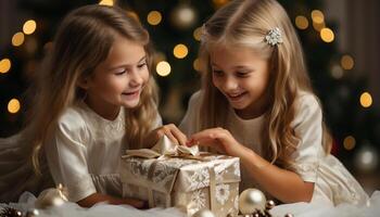 ai gegenereerd schattig meisjes lachend, vieren kerstmis, decoreren boom met familie gegenereerd door ai foto