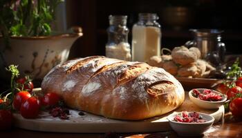 ai gegenereerd vers gebakken ciabatta brood Aan een rustiek houten tafel gegenereerd door ai foto