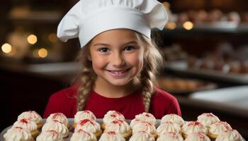 ai gegenereerd glimlachen meisje bakken, op zoek Bij camera, schattig chef in keuken gegenereerd door ai foto