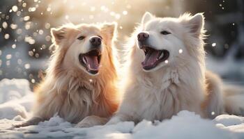 ai gegenereerd twee speels puppy's zittend in de sneeuw, op zoek schattig en glimlachen gegenereerd door ai foto