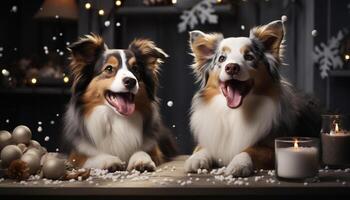 ai gegenereerd schattig puppy zitten, op zoek Bij camera, vieren met familie gegenereerd door ai foto