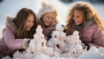 ai gegenereerd drie vrolijk kinderen spelen in de sneeuw, glimlachen en hebben pret gegenereerd door ai foto