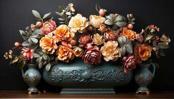 ai gegenereerd een rustiek tafel decor met een oud fashioned vaas en bloemen gegenereerd door ai foto