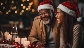 ai gegenereerd een liefhebbend paar omarmt, genieten van Kerstmis lichten en saamhorigheid gegenereerd door ai foto