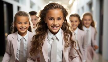 ai gegenereerd groep van vrolijk school- kinderen staand in een rij, op zoek Bij camera gegenereerd door ai foto